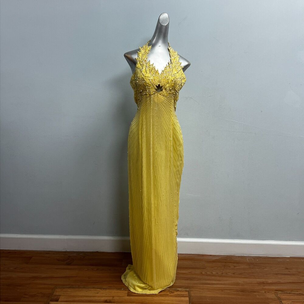 Sterling By Stone Ferris Vintage Beaded Yellow Floral Prom Dress Size 4